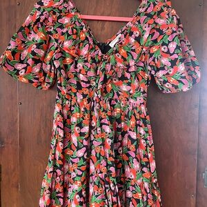 Banjanan Black Floral Mini Dress with Pink, Red & Green